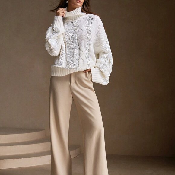 White Casual Women's Loose Fit High Neck Sequin Knit Pullover Sweater - Picture 5 of 6